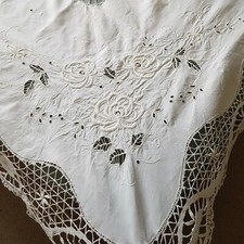 Antique embroidered linen tablecloth floral raised cut-out pattern 2.1x1.7m