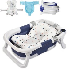 Baby Bath Tub Foldable Toddler Bathtub with Baby Cushion Bath Net Blue