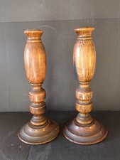 PAIR OF VINTAGE DARK WOODEN TURNED CANDLE STICK HOLDERS