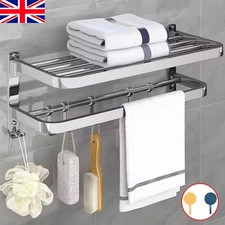 Double Tier Towel Rail Holder Wall Mounted Bathroom Rack Shelf With Hook Folding