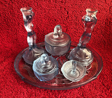 WALTHER & SOHNE BLUE PRESSED GLASS  PATTERN MERMAIDS + FISH DRESSING TABLE SET