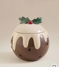 NEW CHRISTMAS FESTIVE CHRISTMAS PUDDING LIDDED POT BROWN WHITE GIFT. 