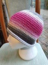 Beanie hat, New Crochet, Pink Grey, wool blend, soft brim A35