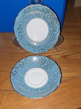 2 x Crown Regent Saucers, Turquoise Blue, Gold Floral Pattern Fine China England