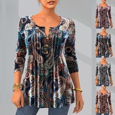 Women Ladies 3/4 Sleeve Casual Print Tops Shirts Blouse Pullover Tee Plus Size