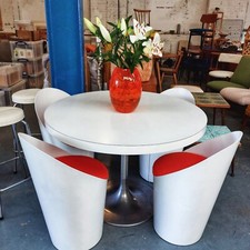 Fab Mid Century Formica Round Dining Table & 4 Bentwood Chairs White & Orange