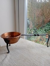 Antique Copper Saucepan / Warming Pan Forged Iron Legs Hammered Texture Rare 