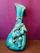 ANTIQUE JAPANESE AWAJI TURQUOISE GLAZE FIGURAL  VASE