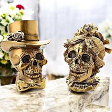 Sugar Skull Bride & Groom Day Of The Dead Figurine Gothic Ornament Gold Pagan