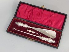 Antique Sterling Silver Boot And Button Hook Cased Set Adie & Lovekin