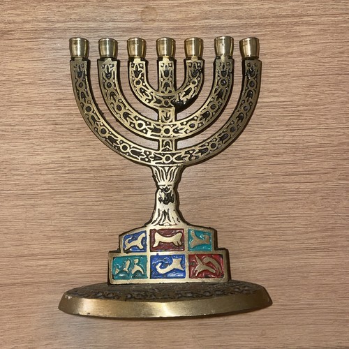 Vintage brass enamel menorah - vintage,