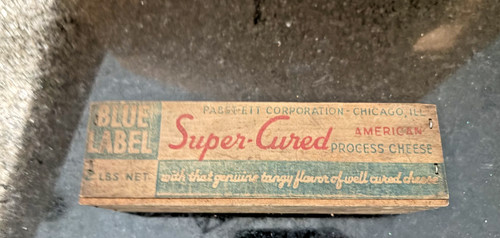 Vintage blue label cheese box - blue,