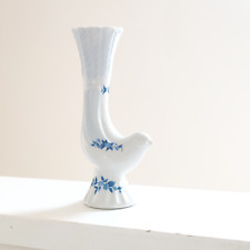 Vintage Porcelain Dove Bud Vase Candle Holder Blue Floral Bird Figurine Ornament