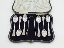 Boxed Sterling Silver Teaspoons & Tongs Set Antique 1918 London Art Deco
