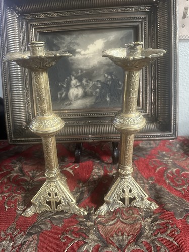 Antique pair brass candle - of,