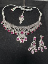 Premium Magenta American Diamond Set With Matching Earrings And Tika