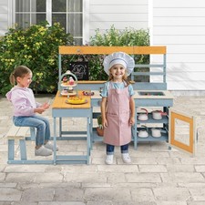 Kids Mud Kitchen Grey Fir Wood Playset with Picnic Table