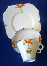 Art Deco Bone China: Osbourne Tea Cup & Saucer & Plate 1920-1930s Hand Painted