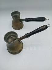 2 Vintage Brass Turkish Coffee Pots Wooden Handles