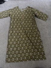 Green Ethnic Print Indian Kurti Long Cotton Size XXL Diamond Button Detail