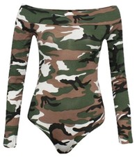 Womens Off Shoulder Bodysuit Ladies Long Sleeve Top Plain Stretch Print Leotard