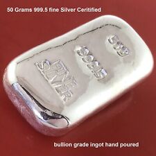 Silver Ingot  50 Grams 999.5 Fine Certified Bullion Grade Bar Hand Poured