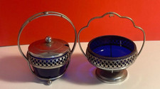 Cobalt Blue Glass Jam dish and Sugar Bowl in Chrome plated Holder, Vintage