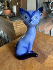 Vintage Sylvac Blue Long Necked Cat 3404 1960s Ceramic Pottery Ornament