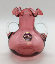 Webb Continental Hand Cut Glass Cranberry Miniature Dual Handled Vase 5" Tall