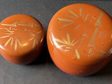Set Of 2 Japanese Lacquer Boxes Handpainted Bamboo Motifs Orangey Red Ground