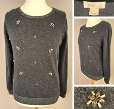Celuu Autumn Winter Xmas Grey Wool, Nylon, Lurex Knit Embellished Jumper, Size M