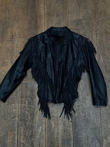 Black leather fringe jacket - leather,