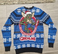 Gremlins Christmas Jumper Blue White Black Mens Size Extra Small