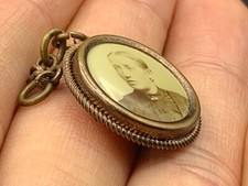 Antique Gold Tone Brass Albert Watch Chain Fob Mourning Lady Portrait  c.1920's