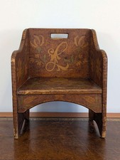 English Arts & Crafts inlaid wooden child’s wing chair, late 19th C, folk art