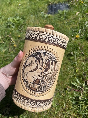 Birch bark squirrel design pot - squirrel,