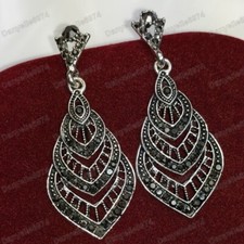 Sparkling Marcasite Hematite Crystal Vintage Style Earrings Art Deco Inspired