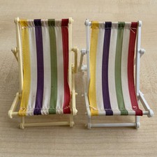 Vintage Dolls House Furniture Deck Chairs Striped Fabric Pair x 2