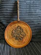 Vintage Embossed Copper Bed Warmer with Wooden Handle Rustic  Wall Decor