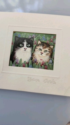 Miniature signed framed cat - signed,