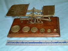 Good Set Antique VICTORIAN OAK & BRASS 9" POSTAL Postage SCALES & WEIGHTS