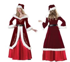 Womens Dress Cosplay Christmas Outfit Gloves Santa Claus Costume With Belt Maxi