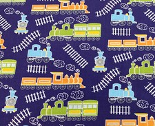 Childrens Fabric - Trains & Tracks on Navy Blue - Polycotton Kids Craft Material