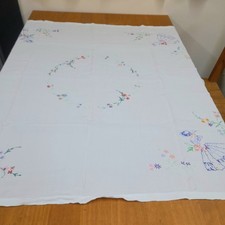 Vintage White Hand Embroidered Tablecloth Crinoline Lady 100 X 92cm