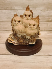 Border Fine Arts Tawny Owlets In Tree Trunk  Ray Ayers Design. 1986 Wooden Base