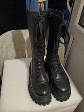 ZARA BLACK LEATHER COMBAT MILITARY HIGH BLACK BOOTS SZ 4/37