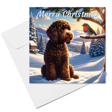 Cockapoo Christmas Card  (15cm x 15cm) With Envelope, Chocolate Cockapoo & Robin