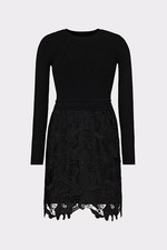 Milly Women's Katie Black Ribbed Knit & Floral Lace Mini Dress Size Large