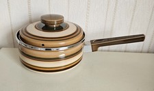 Vintage Baumann Beige & Brown Striped Enamel Cooking Pot or Saucepan With Lid