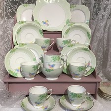 Vintage Standard China Tea Set Green Background with Floral Pattern 1930